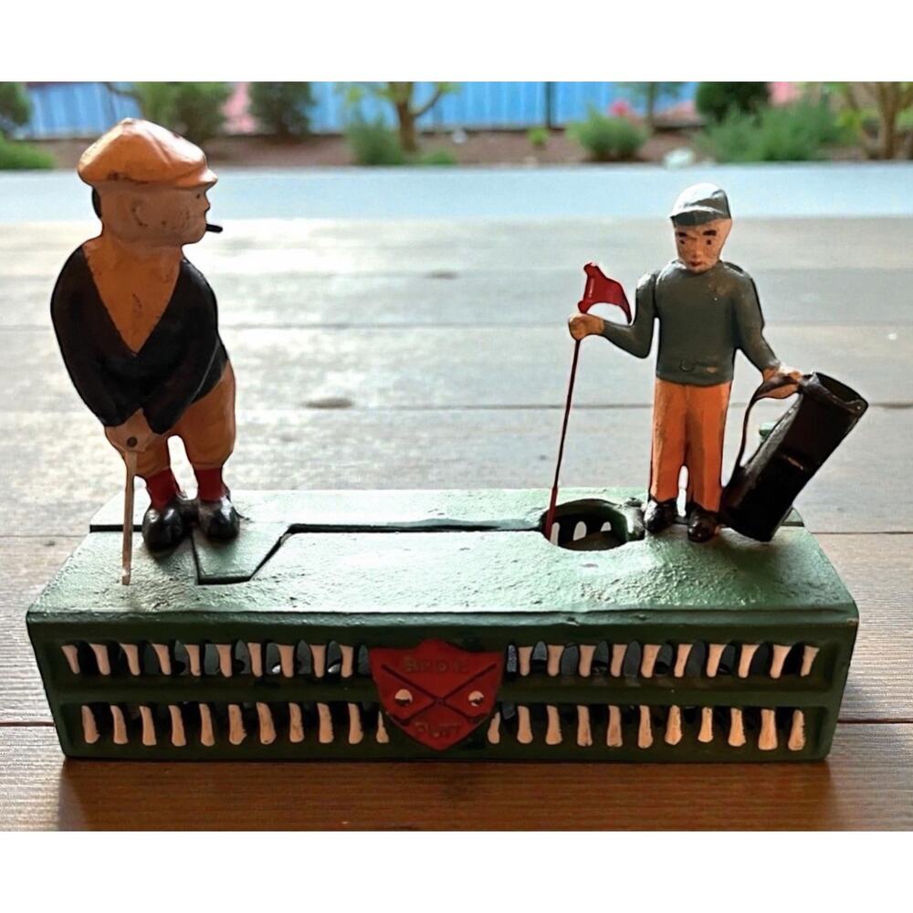 'VINTAGE CAST IRON Mechanical Coin Bank Birdie Putt' Golfer & Caddy WORKS